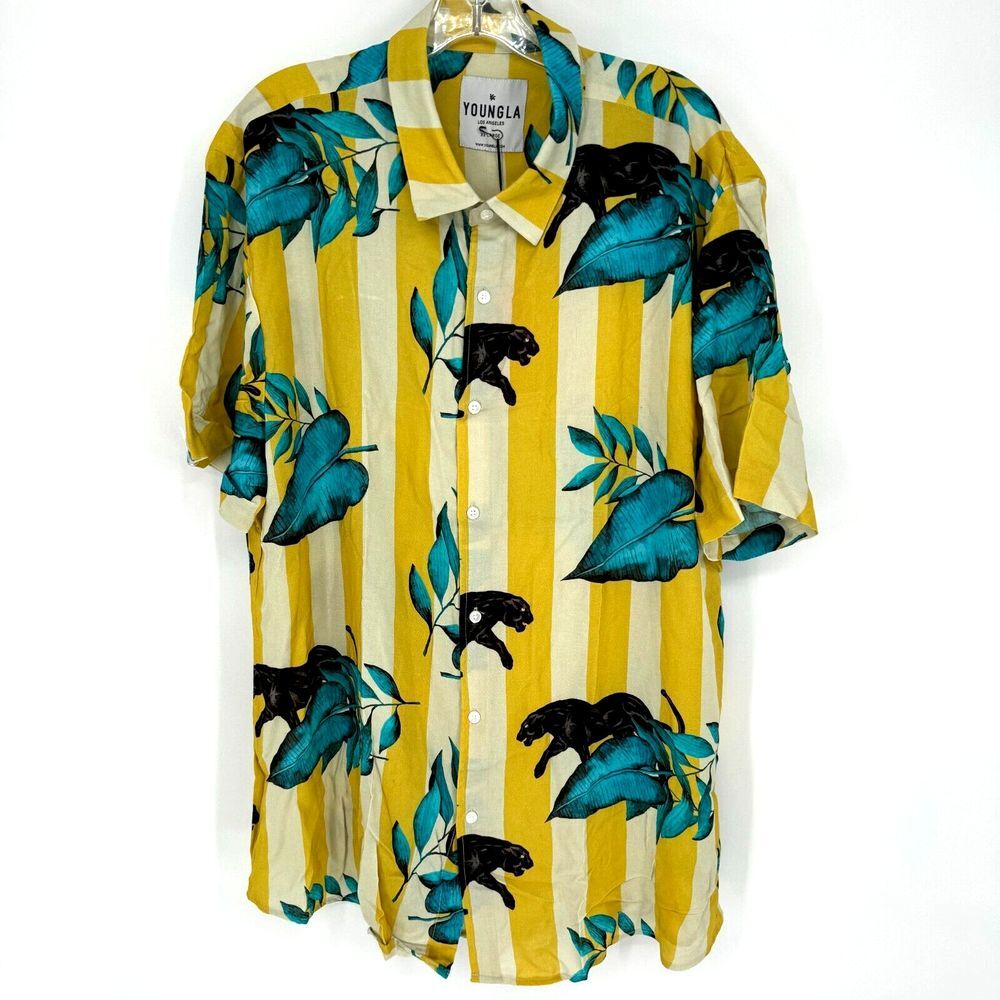NWT‎ YoungLA Black Panther Tropical Hawaiian Shirt Yellow Stripe 2XL